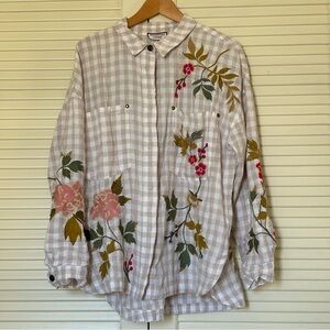 Jonny Was Beige Checkered Floral Embroidered Shirt